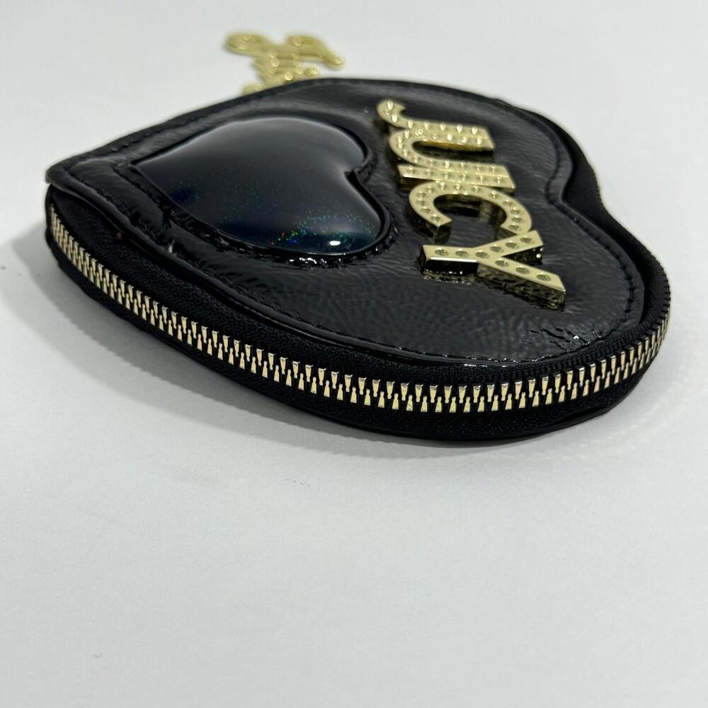 Juicy Couture Black Patent Faux Leather Zip Around Heart Shaped Coin Purse - Picture 3 of 7